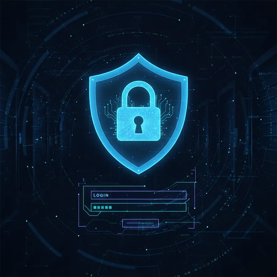 Glowing shield with lock above a registration field