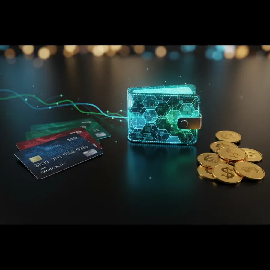 Bank cards, gold coins, and a glowing digital wallet