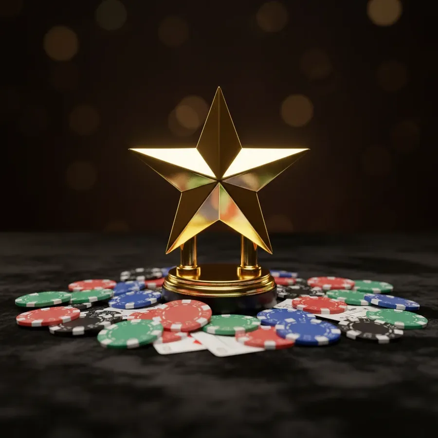 Golden star trophy surrounded by chips