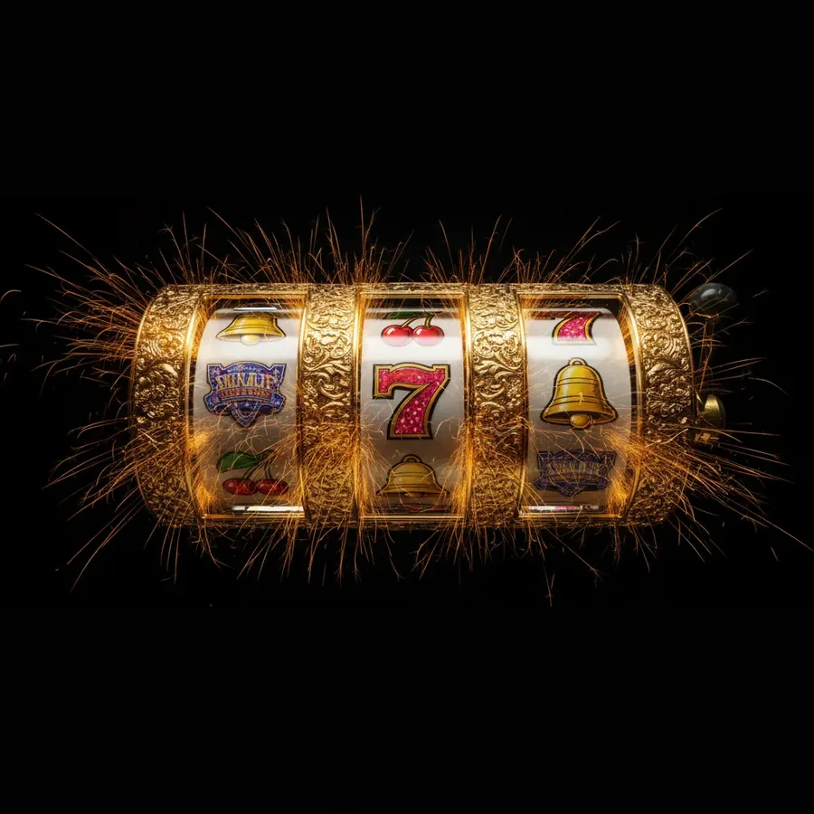 Golden reels with sevens and bells in motion